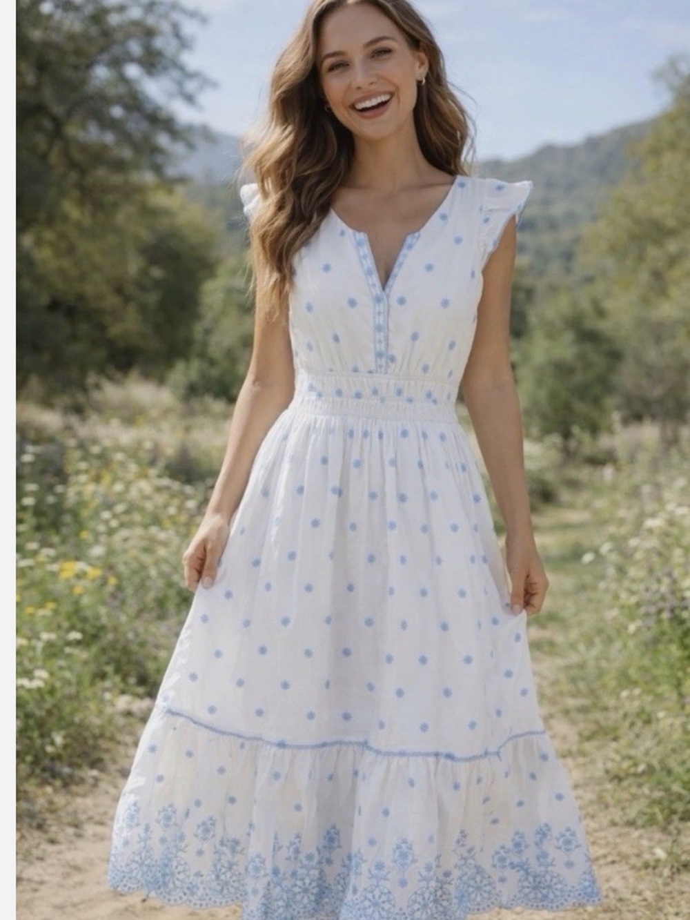 Rachel Zoe White Midi Dress with Light Blue Floral Print